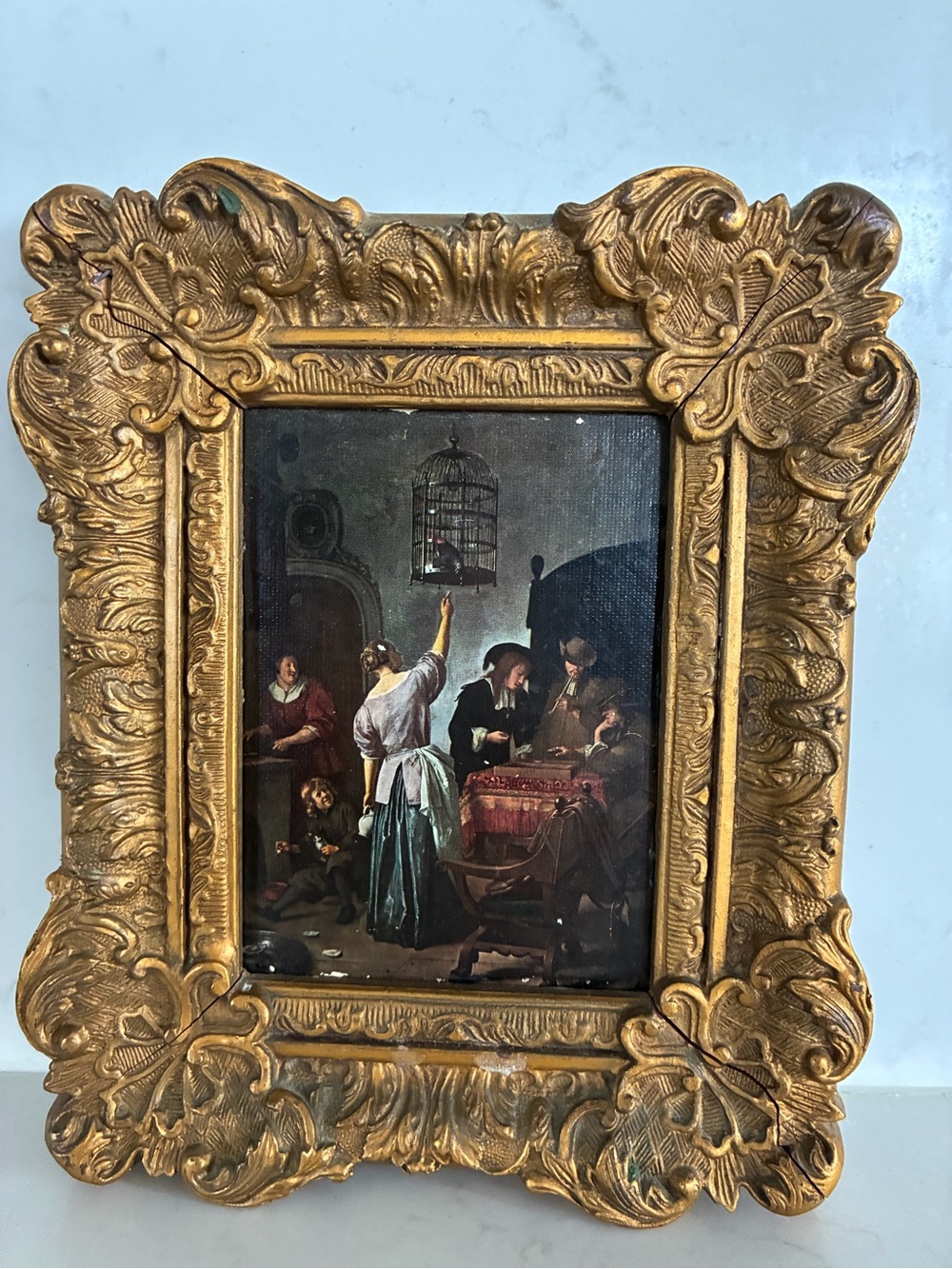 Vintage ornate gold framed print 1665 Dutch Golden Age “ The Parrot Cage “